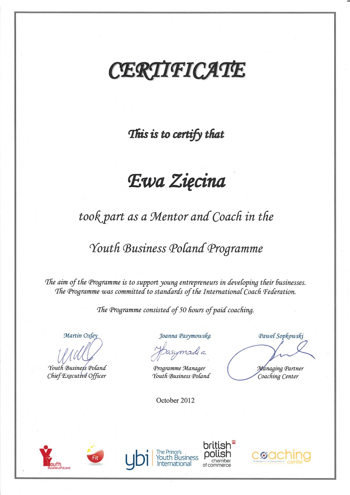 Certyfikat - Ewa Zięcina
